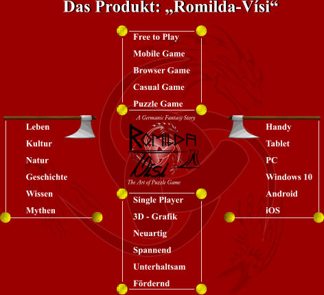 A Germanic Fantasy Story The Art of Puzzle Game Free to Play Mobile Game Casual Game Puzzle Game Browser Game Single Player 3D - Grafik Neuartig Spannend Unterhaltsam Fördernd Leben Natur Geschichte Wissen Mythen Kultur Handy Tablet PC Windows 10 Android iOS Das Produkt: „Romilda-Vísi“ Das Produkt: „Romilda-Vísi“